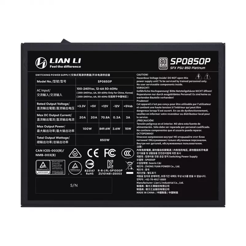 Netzteil Lian Li SP Series Platinum SFX 850W vollmodular PCIe 5.1 ATX 3.1 (G9P.SP0850P.B000.EU)