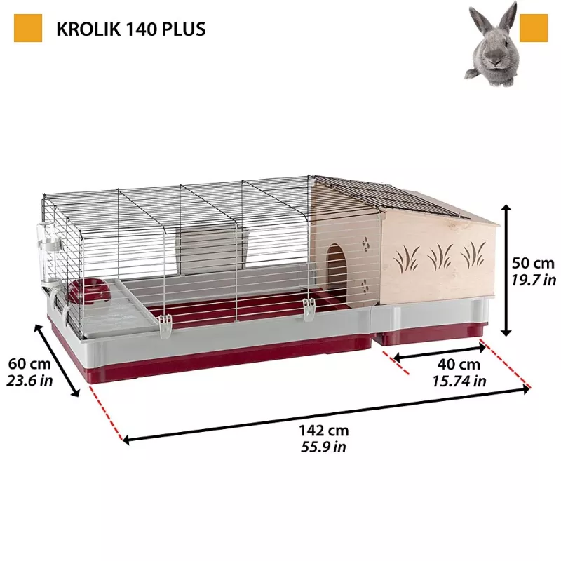 Käfig Ferplast Krolik 140 Plus für Kaninchen, Grau/Rot, B1420×T600×H500 mm, Metall/Kunststoff