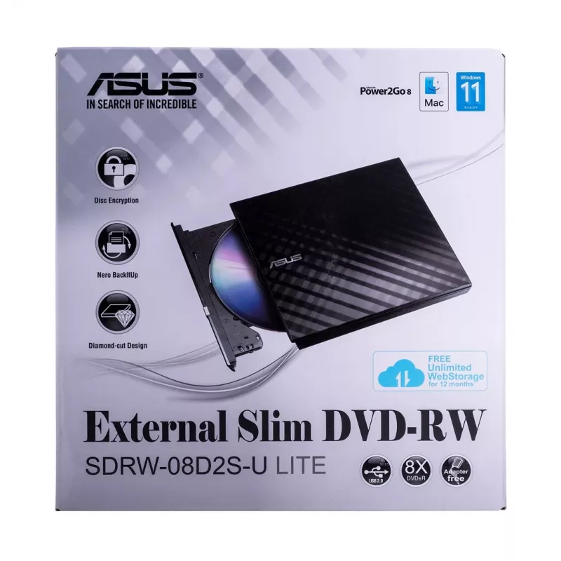 Externes DVD±RW-Optiklaufwerk ASUS SDRW-08D2S-U Lite, USB 2.0, schwarz, 24x CD / 8x DVD, 142×142×20 mm