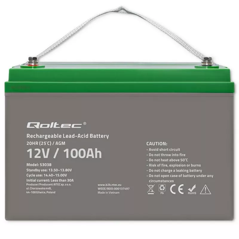 Qoltec 53038 AGM-Batterie | 12V | 100Ah | max 1200A
