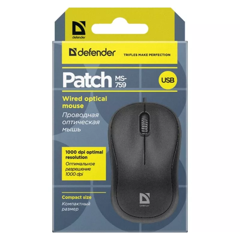 Kabelgebundene optische Maus DEFENDER PATCH MS-759 USB Typ-A, beidhändig, 1000 DPI, schwarz