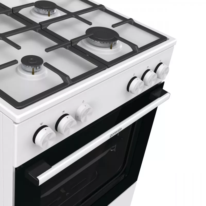Freistehender Gasherd Gorenje GG6A10WFFM, weiß, 4-Flammen-Kochfeld, 72 L Gasbackofen, Drehregler vorne
