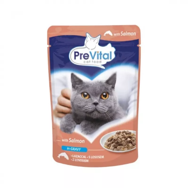 Nassfutter für Katzen PREVITAL Cat Food Mix 4 Sorten — Huhn, Kalb, Lachs, Geflügel, 96 x 100 g Beutel (9,6 kg, adult)