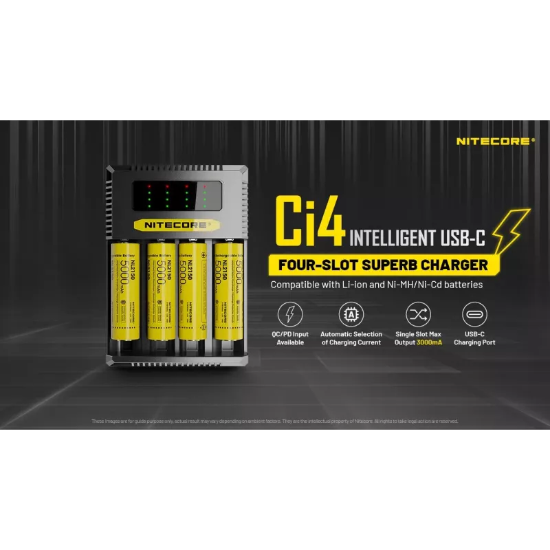 Batterieladegerät Nitecore Ci4 — universelles USB-Ladegerät für Lithium‑Ionen / NiCd / NiMH, 5/9/12V Eingang, 3A, Kunststoff, 0,1914 kg