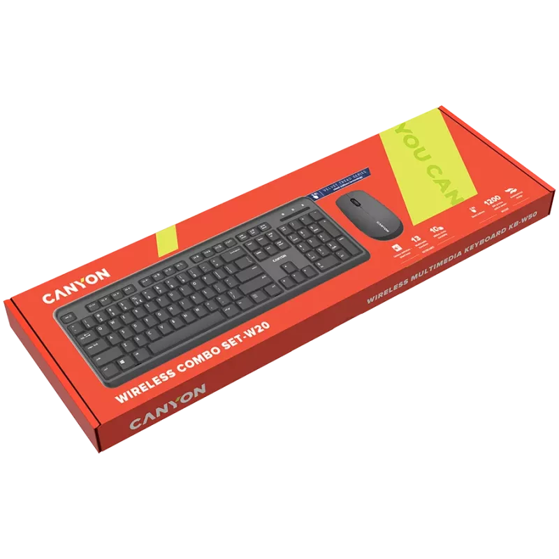 Kabelloses Tastatur-Maus-Set CANYON CNS-HSETW02-UK/US Schwarz Velvet — kompaktes kabelloses Kombi-Set mit USB-Empfänger
