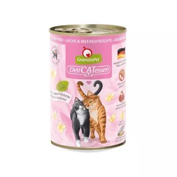 Nassfutter für Katzen Fox4Pets GranataPet DeliCATessen Lachs & Meeresfrüchte 400 g – getreidefrei, Alleinfuttermittel für ausgewachsene Katzen