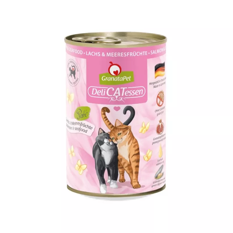 Nassfutter für Katzen Fox4Pets GranataPet DeliCATessen Lachs & Meeresfrüchte 400 g – getreidefrei, Alleinfuttermittel für ausgewachsene Katzen