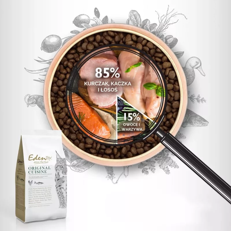 Trockenfutter für Katzen Eden Original Cousine 10 kg – Alleinfuttermittel für ausgewachsene Katzen, 43 % Protein, 23 % Fett, getreide- und glutenfrei