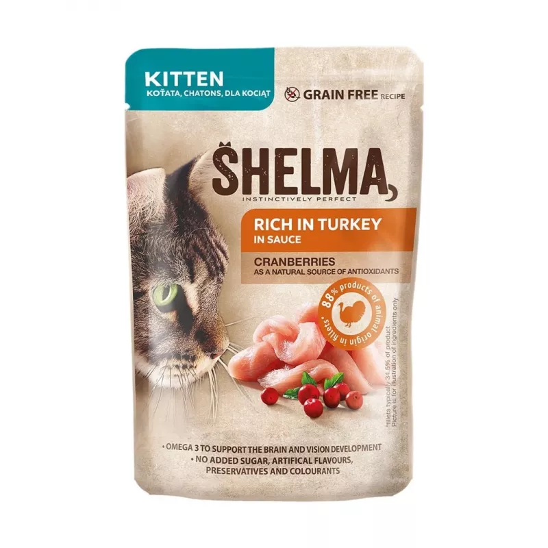 Nassfutter Katze SHELMA Kitten Lachs & Truthahn in Sauce 4×85 g Beutel, getreidefrei, Alleinfuttermittel