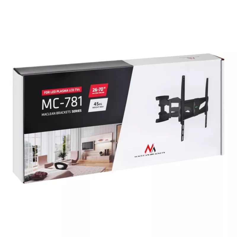 Wand-TV-Halterung MACLEAN MC-781 für Bildschirme von 66–177,8 cm (26–70 Zoll), neigbar -12–2°, VESA 100x100–400x400, max. Belastbarkeit 45 kg, schwarz