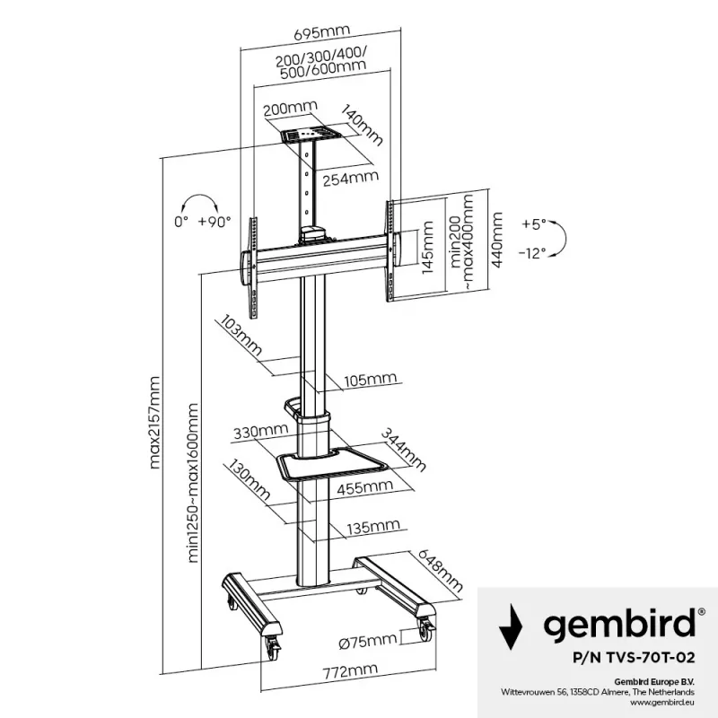 Boden-TV-Ständer Gembird TVS-70T-02 für 37 Zoll–70 Zoll Bildschirme, max. 70 kg, VESA 200x200–600x400, neigbar ±5°/−12°, höhenverstellbar, Rollen, Kabelmanagement