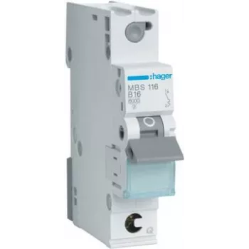 Hager MBS116. Nennstrom: 16 A, Netzfrequenz: 50/60 Hz. Breite: 17,5 mm, Tiefe: 70 mm, Höhe: 83,4 mm (MBS116)