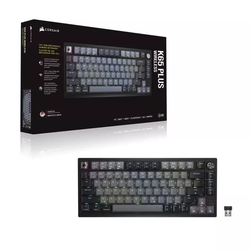 Corsair Gaming K65 Plus Wireless 75% RGB-Gaming-Tastatur, MLX Rot - Schwarz, Grau
