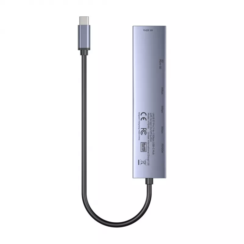 USB-C-Hub Unitek H1124AGY01 mit 100W PD, HDMI 2.0, 2x USB‑A, 2x USB‑C, SD/microSD-Kartenleser — Aluminium