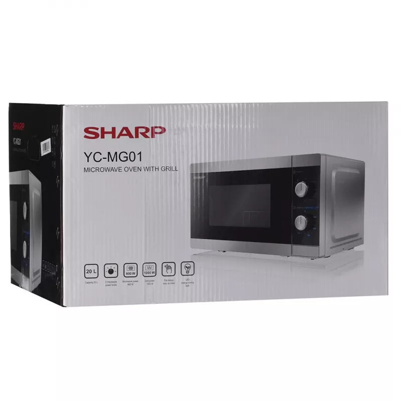Kombi-Mikrowelle Sharp YC-MG01E-S — 20 l, 800 W Mikrowelle, 1000 W Grill, 5 Leistungsstufen, Drehregler, 25,5 cm Drehteller