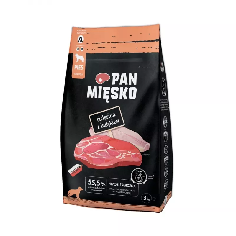 Trockenfutter für Hunde Pan Miesko Kalbfleisch mit Truthahn XL, Adult, 3 kg, 30% Protein, 20% Fett