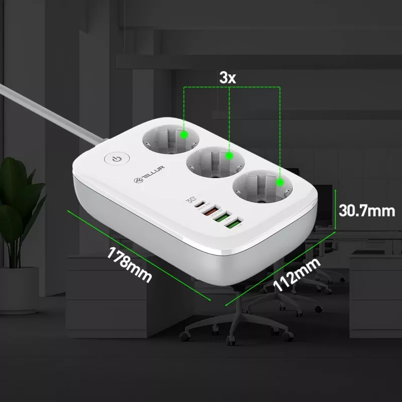 Steckdosenleiste Tellur TLL331521 Smarte WiFi-Steckdosenleiste mit 3 Steckdosen, PD 30W, QC 18W