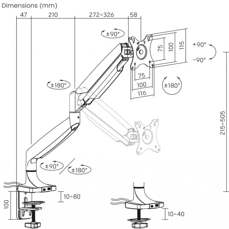 ART RAMM L-35HD Gasfeder-Tischhalterung für 1 Monitor 17–45 Zoll, USB-A und USB-C