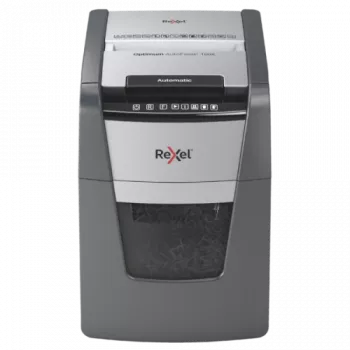 Aktenvernichter REXEL Optimum AutoFeed+ 100X — 100-Blatt automatische Zufuhr, 4 x 28 mm Kreuzschnitt, 34 L Auffangbehälter, Aluminium