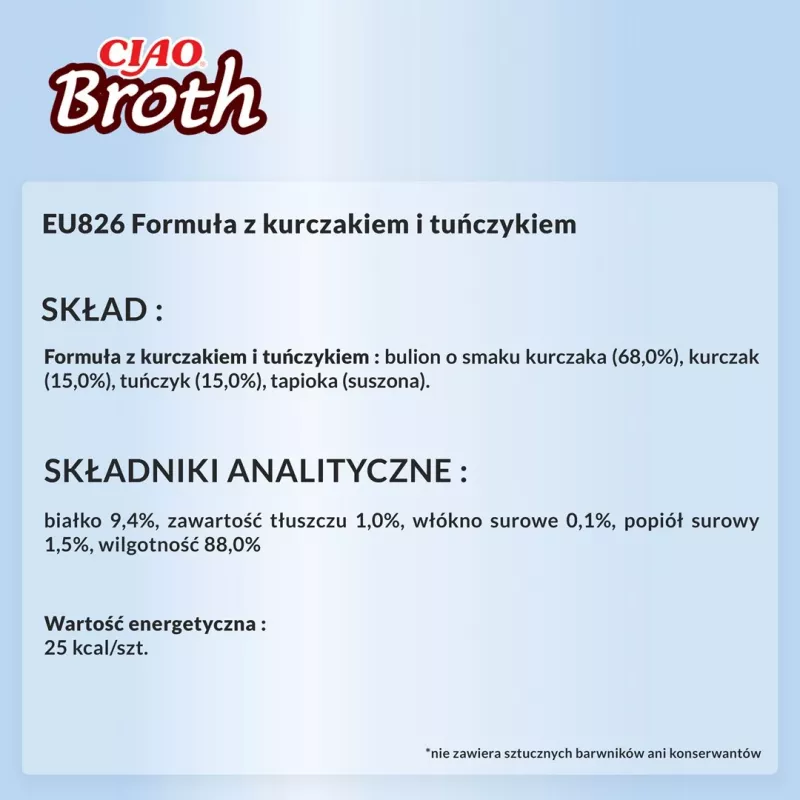 Nasses Katzenleckerli INABA Ciao Broth Huhn & Thunfisch 40 g — fleischiger flüssiger Snack im Beutel, Protein 9,4 %, Feuchtigkeit 88 %