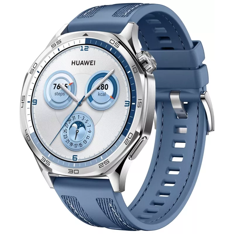 Smartwatch HUAWEI WATCH GT5 46mm – 1,43 Zoll AMOLED, GPS, 524 mAh, Edelstahlgehäuse, blaues gewebtes Armband