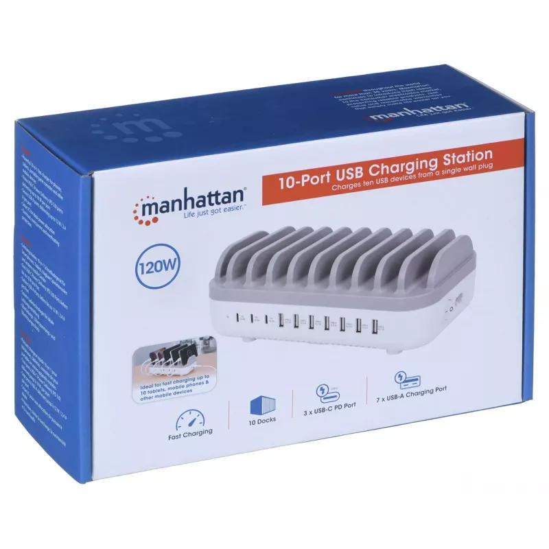 Manhattan Charging Station, 10x Ports: 3x USB-C (up to 18W PD) and 7x USB-A (up to 12W), 120W Total Output, White/Grau, Three Year Warranty