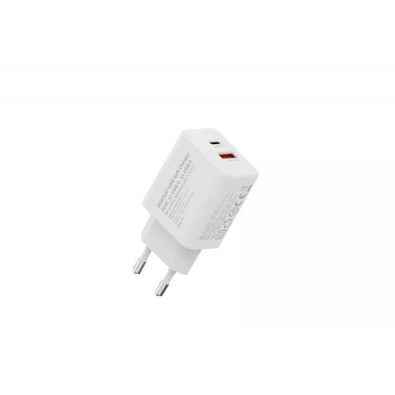 AC Indoor USB GaN Ladegerät DIGITUS DA-10301 — 30W, 1× USB-C, 1× USB-A, 100–240V, weiß