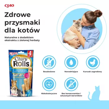 INABA Churu Rolls Hühnerrezept umhüllt Thunfisch mit Jakobsmuschel-Rezept - Katzensnacks - 4x10 g