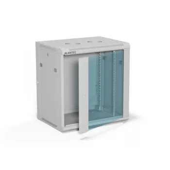 Wandmontage 19-Zoll-Schrank Alantec 12U 600x450 mm, einzelne Glastür, abnehmbare vollständige Rück- und Seitenwände, abschließbar, 4 Montageschienen, grau, flache Verpackung