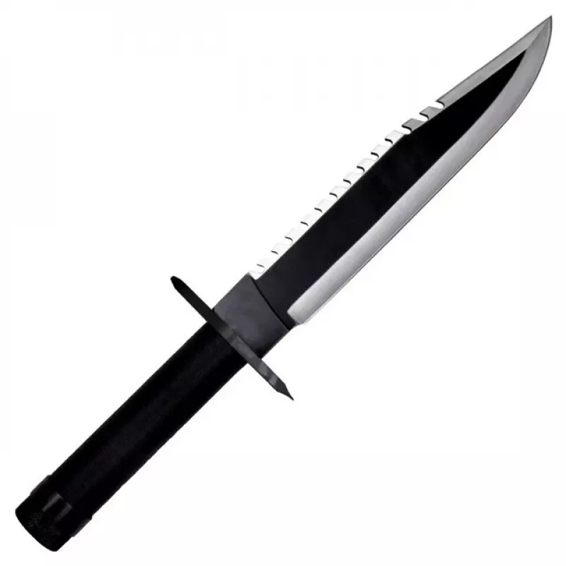 Feststehendes Survival-Messer Filmklassiker Rambo I CC-H1 – 360 mm gesamt, 225 mm gezahnte Stahlklinge, schwarze Lederscheide