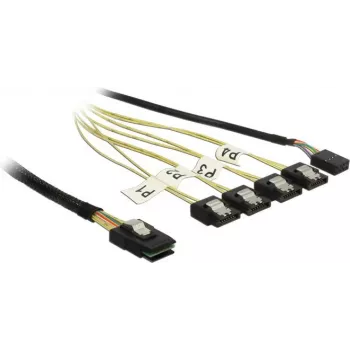 Internes Mini-SAS-auf-4×SATA-Kabel DELOCK 1 m — Mini-SAS SFF-8087 auf 4×SATA 7-Pin, Schwarz/Silber/Gelb