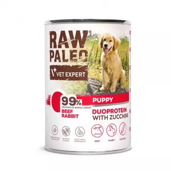 Nassfutter für Hunde VETEXPERT RAW PALEO Duoprotein Rind & Kaninchen Welpe 400 g, junior, getreidefrei, glutenfrei