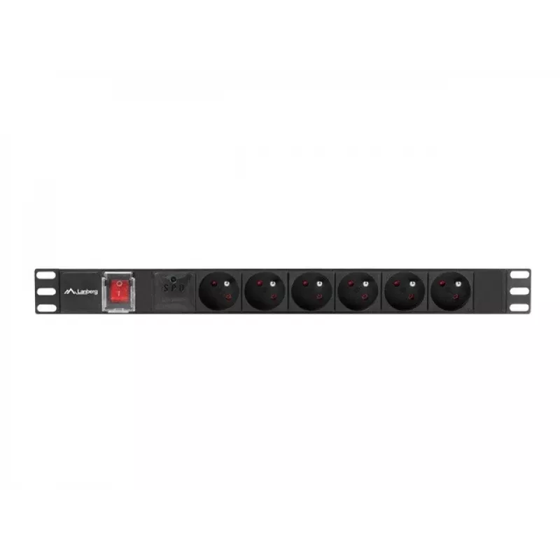Stromverteilereinheit LANBERG PDU-06E-0200-BK — 6x Typ-E-Ausgänge, 16 A, 2 m Kabel, 1HE Rack, 220–250 V