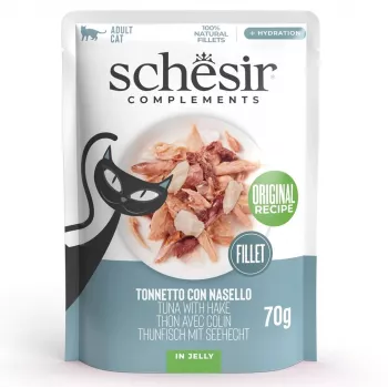 Nassfutter für Katzen Agras Pet Foods SCHESIR Thunfisch mit Seehecht in Gelee, 70 g, getreidefrei, soja- und glutenfrei