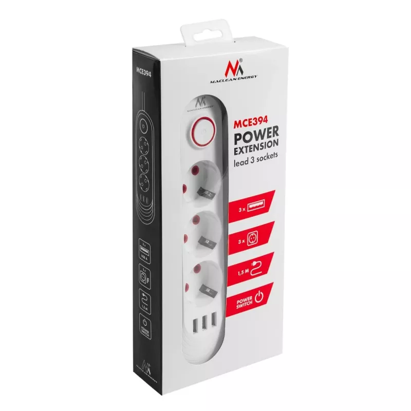 Steckdosenleiste MACLEAN MCE394W — 3 Steckdosen, 3×USB 2,1A, 110–240V AC, 2500W, 1,5 m Kabel, weiß