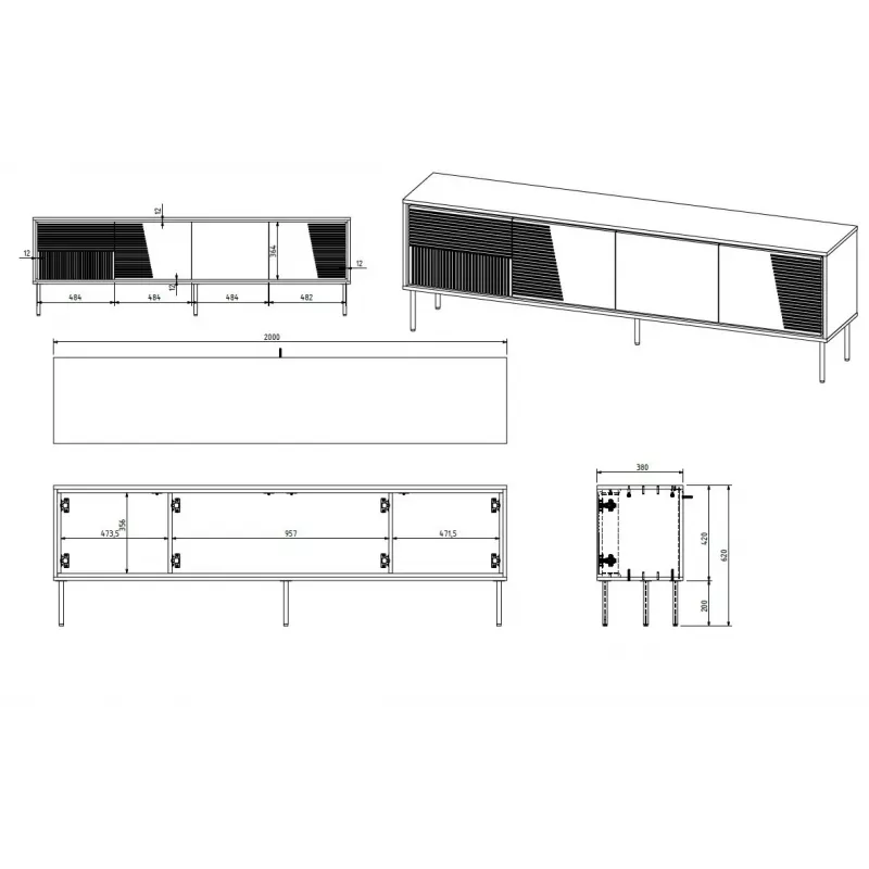 RTV-Schrank ABI 4D 200x38x62 weiß matt
