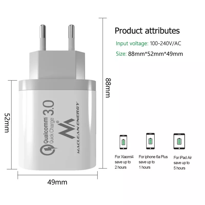 Wandladegerät MACLEAN MCE479W — 3-Port USB-Schnellladegerät, 18W Gesamtleistung