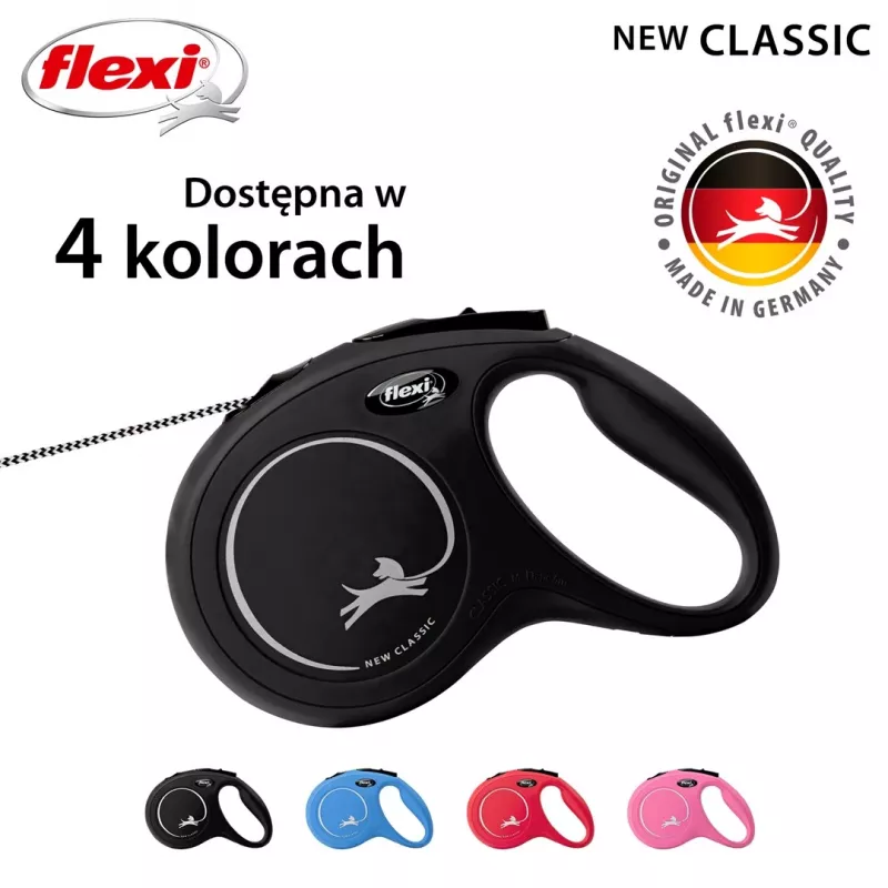 Rollleine Flexi Classic 5 m Schwarz für mittelgroße Hunde, Schnur, max. Belastung 20 kg, reflektierende Elemente