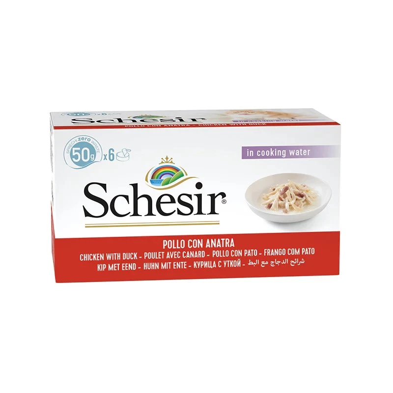 SCHESIR Hühnerfilets mit Ente in Brühe - Nassfutter für Katzen - 6x50g
