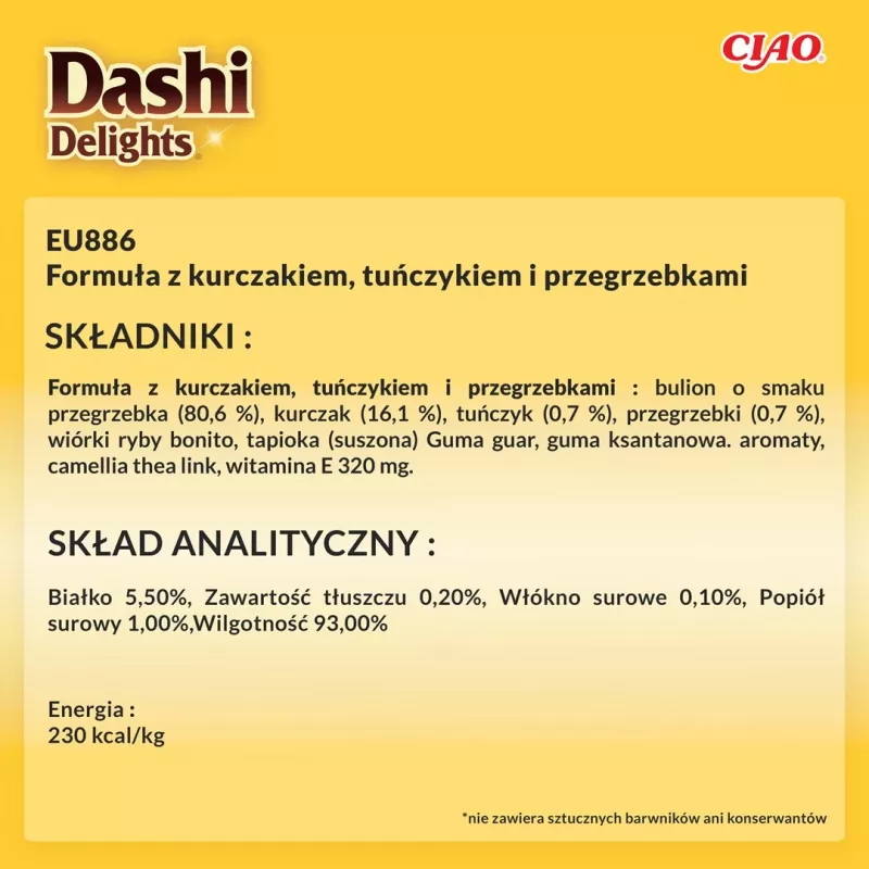 Nasses Katzenleckerli INABA Dashi Delights – Huhn mit Thunfisch & Jakobsmuschel, 40 g Beutel, 93 % Feuchtigkeit, 5,5 % Protein
