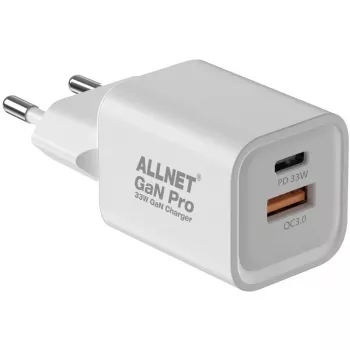 ALLNET Netzteil PSU-GaNPD-USB-1A1C-33W — 33W USB-C PD und USB-A QC Ladegerät, EU-Stecker