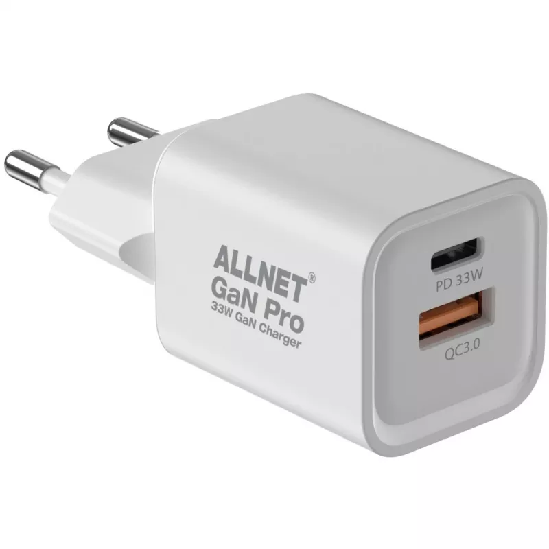 ALLNET Netzteil PSU-GaNPD-USB-1A1C-33W — 33W USB-C PD und USB-A QC Ladegerät, EU-Stecker