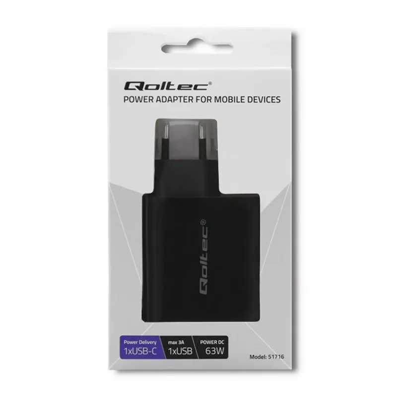 Netzteil QOLTEC 51716 — AC 220–240V auf 20V 3A (63W), schwarz, universelles Indoor-Ladegerät