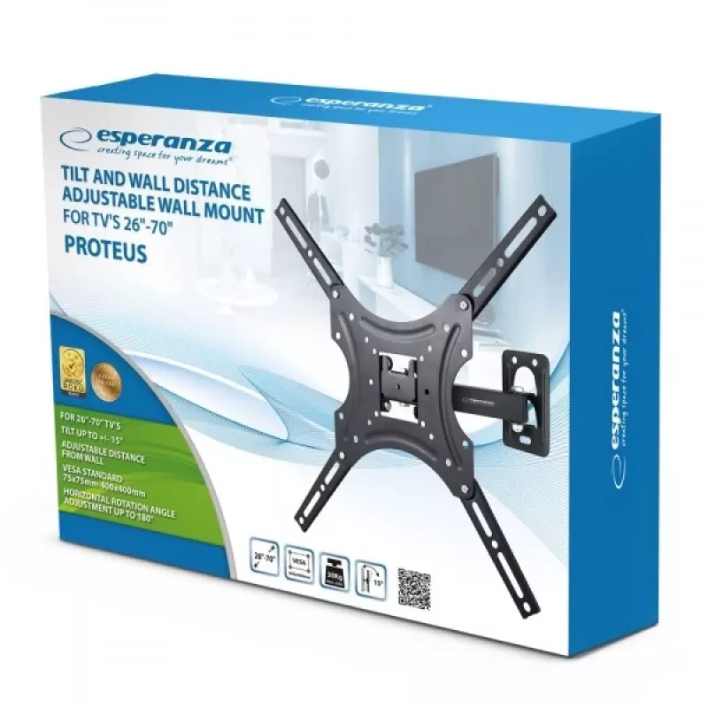 TV-Wandhalterung ESPERANZA PROTEUS für 26–70 Zoll (66–177,8 cm), neigbar ±15°, schwenkbar 120°, VESA 75×75–400×400, max. Belastung 55 kg, schwarz