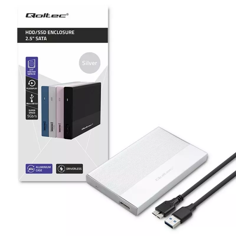 Gehäuse für 2,5-Zoll-SATA-SSD/HDD QOLTEC 52278 USB 3.0, unterstützt bis zu 2 TB
