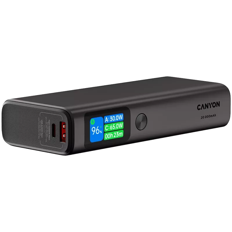 Canyon OnPower 230 TFT Powerbank, 20000 mAh, PD 130 W, 2x USB-C + USB-A, Metallgehäuse, Dunkelgrau