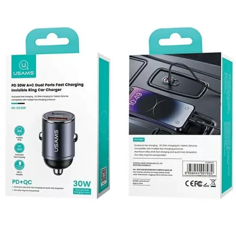Auto-Ladegerät usams C38 30W — 1x USB-A + 1x USB-C Schnellladung