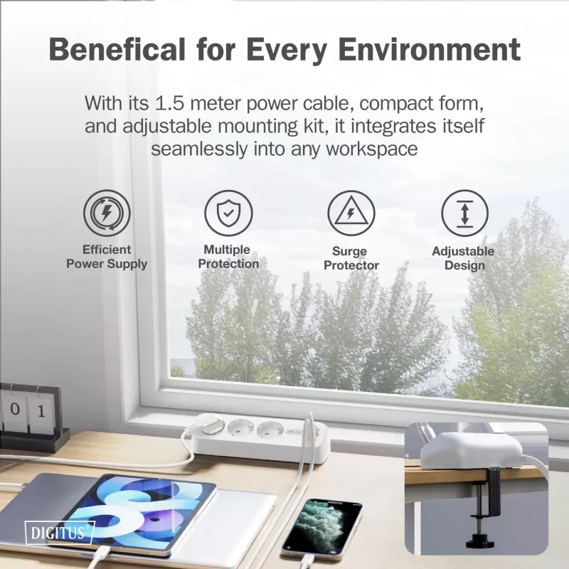 Mehrfachsteckdose DIGITUS 3-fach mit 2×USB-A und 1×USB-C, 3 AC-Steckdosen Typ E/F, 1,5 m Kabel, weiß
