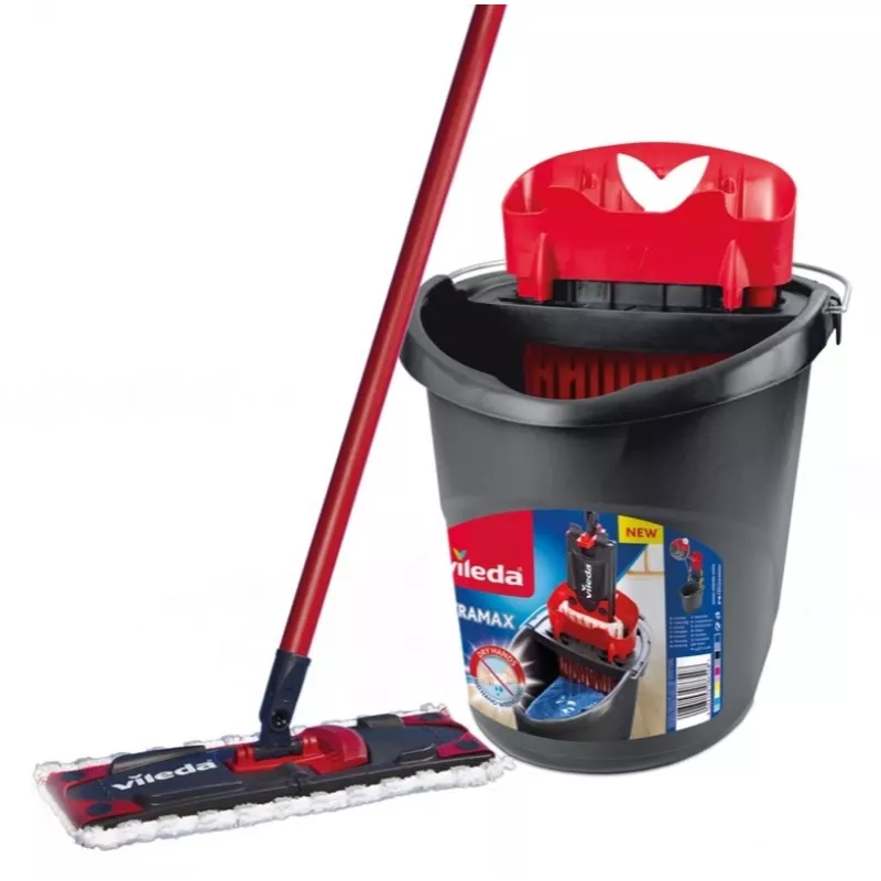 Bodenwischer VILEDA Ultramax BOX 177453 mit nachfüllbarem Mikrofaserkopf, Wring-Eimer, 3 waschbaren Tüchern, schwarz