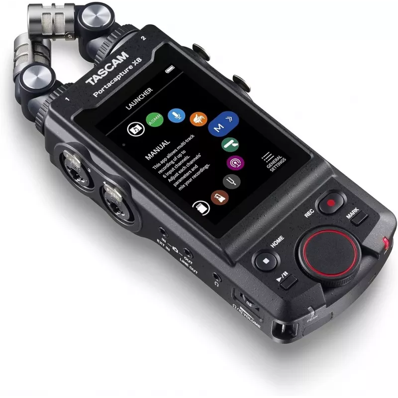 Tragbarer Mehrspur-Audio-Rekorder Tascam Portacapture X8 — 6-Kanal, 24/32-Bit, bis zu 96 kHz, 4 XLR/TRS-Combo-Eingänge, SD-Karte, USB-C, Batterie oder Netzteil